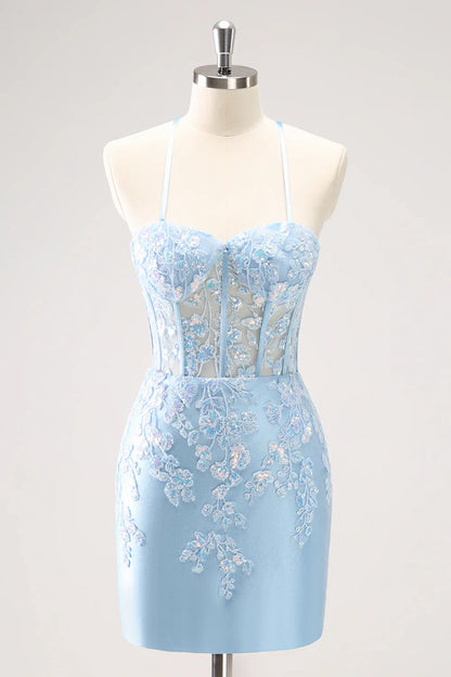 omberprom Sparkly Lilac Homecoming Dress Bodycon Spaghetti Straps Sequin Corset with Appliques