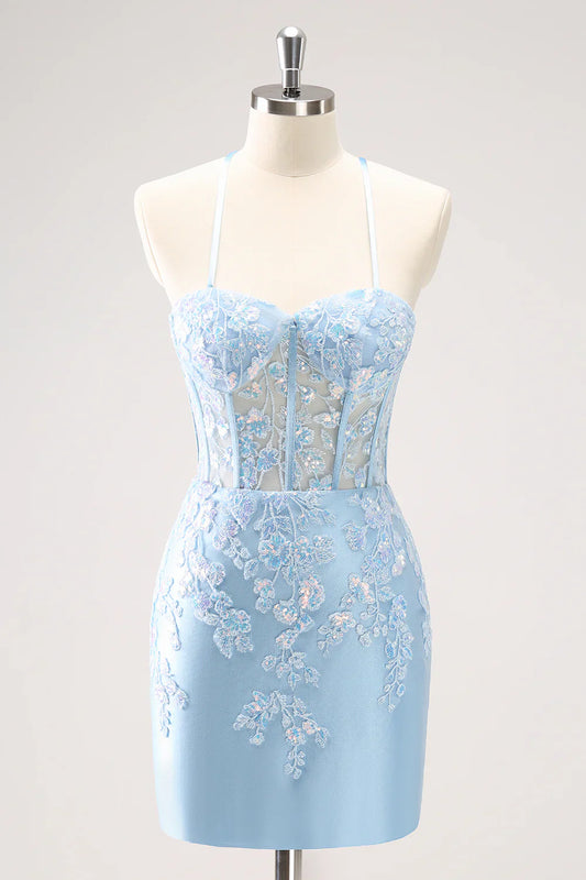 omberprom Sparkly Lilac Homecoming Dress Bodycon Spaghetti Straps Sequin Corset with Appliques