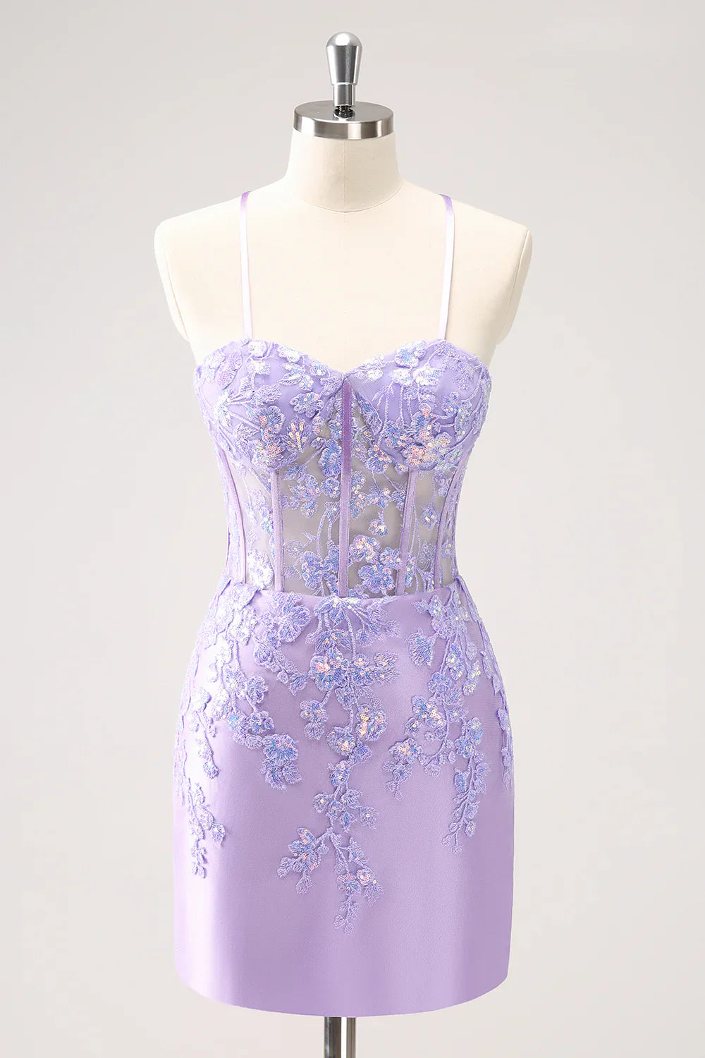omberprom Sparkly Lilac Homecoming Dress Bodycon Spaghetti Straps Sequin Corset with Appliques