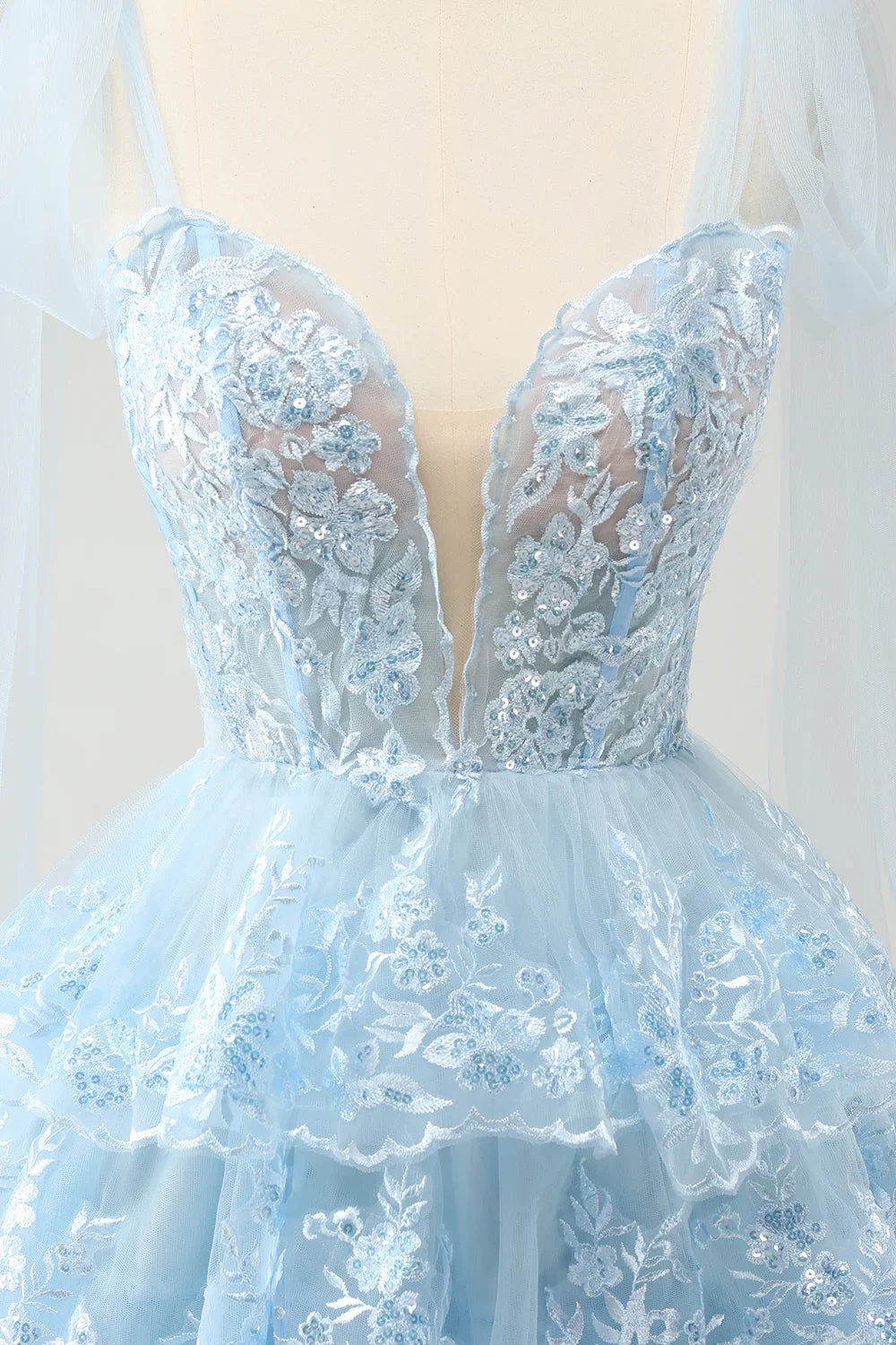 omberprom Short Homecoming Dress Cute Sparkly Blue A Line V Neck Corset Tiered