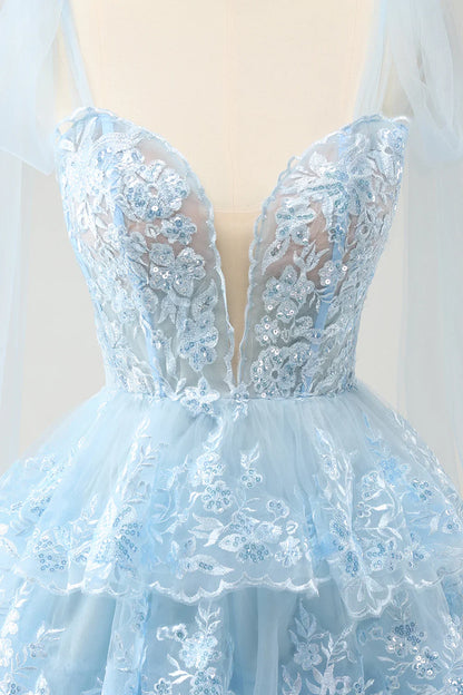 omberprom Short Homecoming Dress Cute Sparkly Blue A Line V Neck Corset Tiered