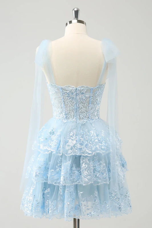 omberprom Short Homecoming Dress Cute Sparkly Blue A Line V Neck Corset Tiered