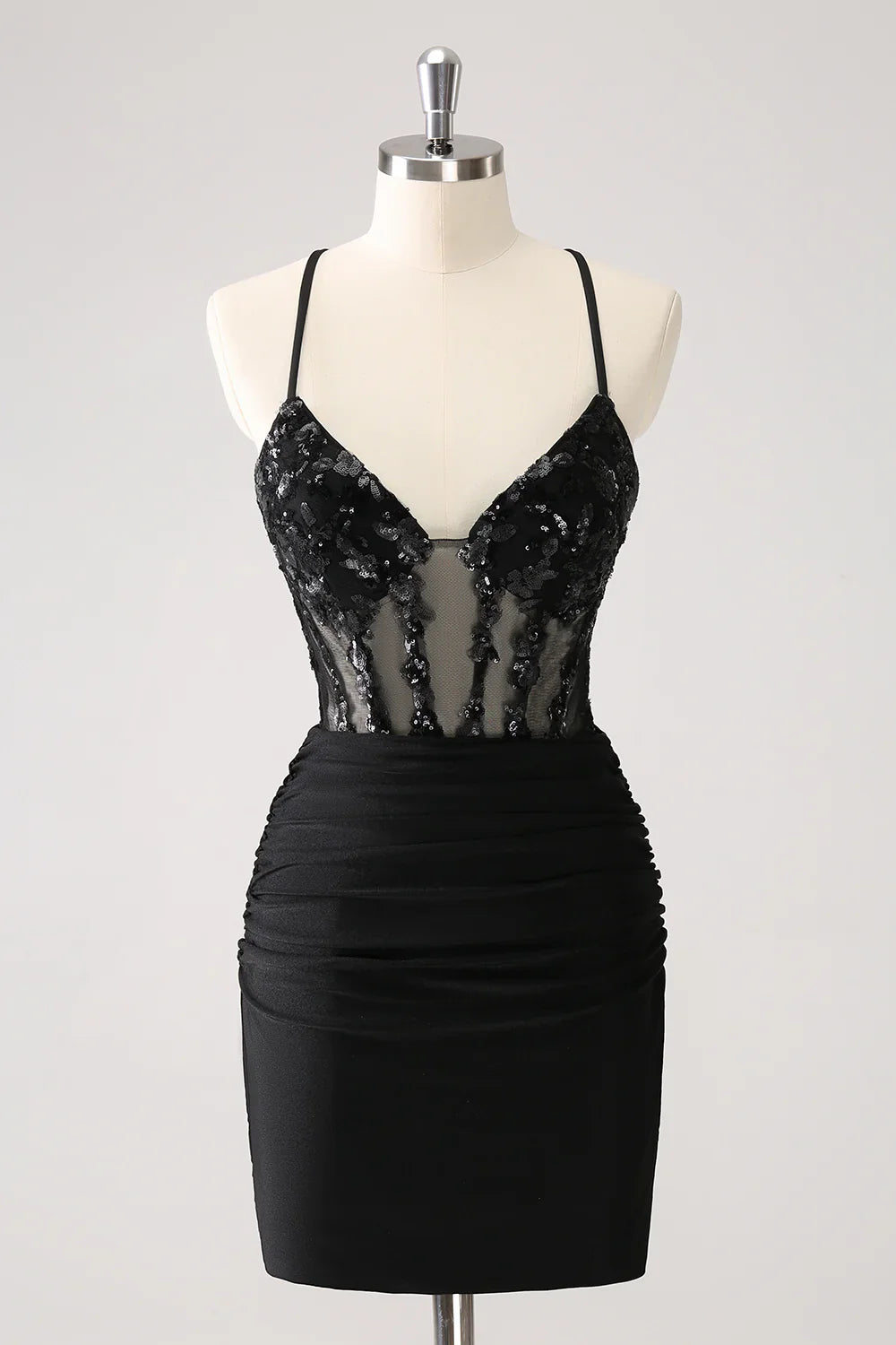 omberprom Homecoming Dress Sparkly Unique Black Tight Spaghetti Straps Sequin with Lace Up Back