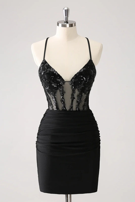omberprom Homecoming Dress Sparkly Unique Black Tight Spaghetti Straps Sequin with Lace Up Back