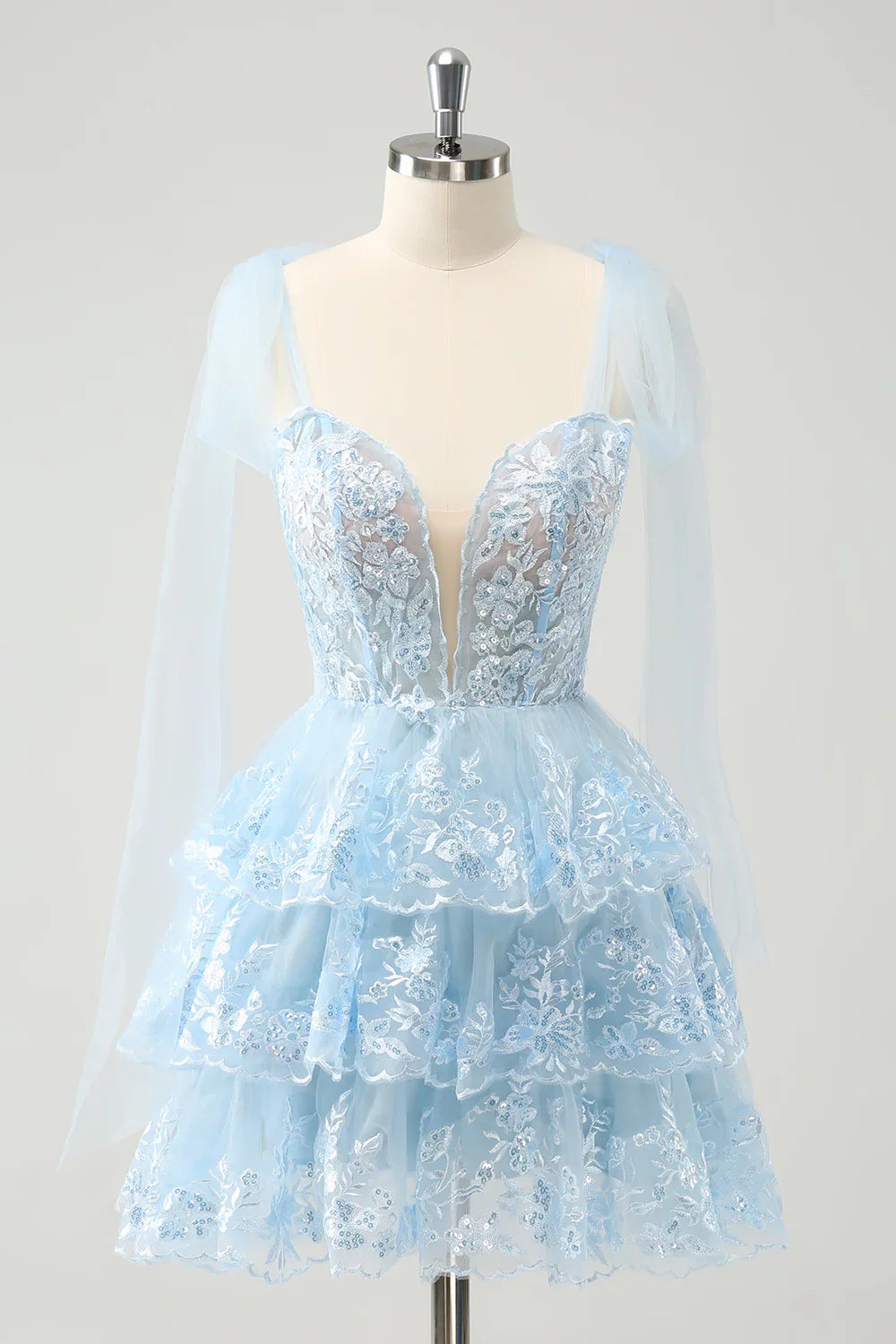 omberprom Short Homecoming Dress Cute Sparkly Blue A Line V Neck Corset Tiered