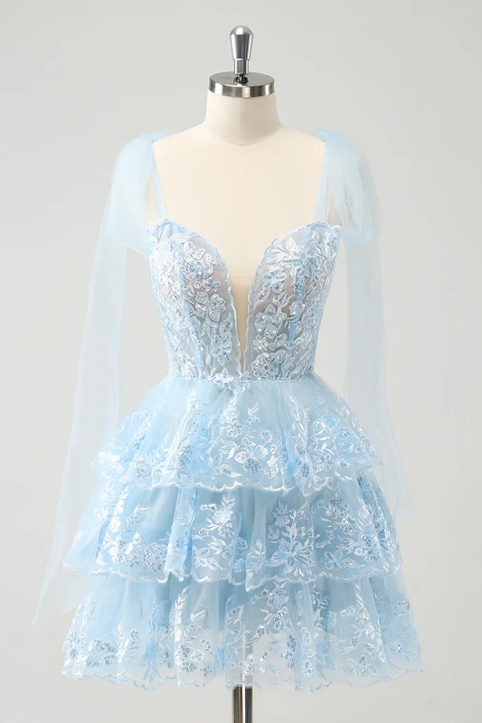 omberprom Short Homecoming Dress Cute Sparkly Blue A Line V Neck Corset Tiered