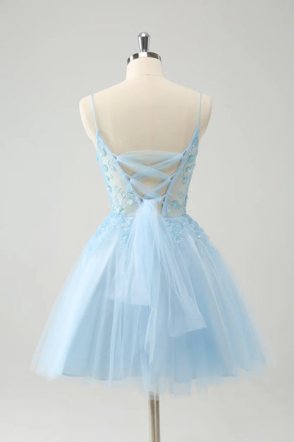 omberprom Cute Homecoming Dress Sparkly Blue A Line Sequins Corset with Lace Up Back