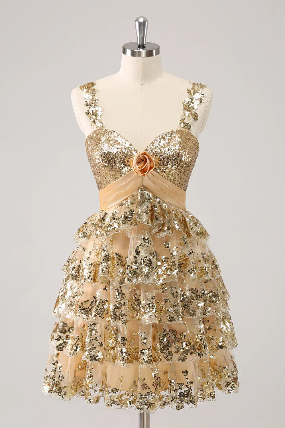 omberprom A Line Short Homecoming Dress Sparkly Golden Corset Tiered with Flower