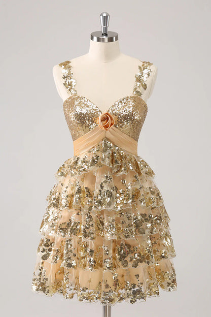 omberprom A Line Short Homecoming Dress Sparkly Golden Corset Tiered with Flower