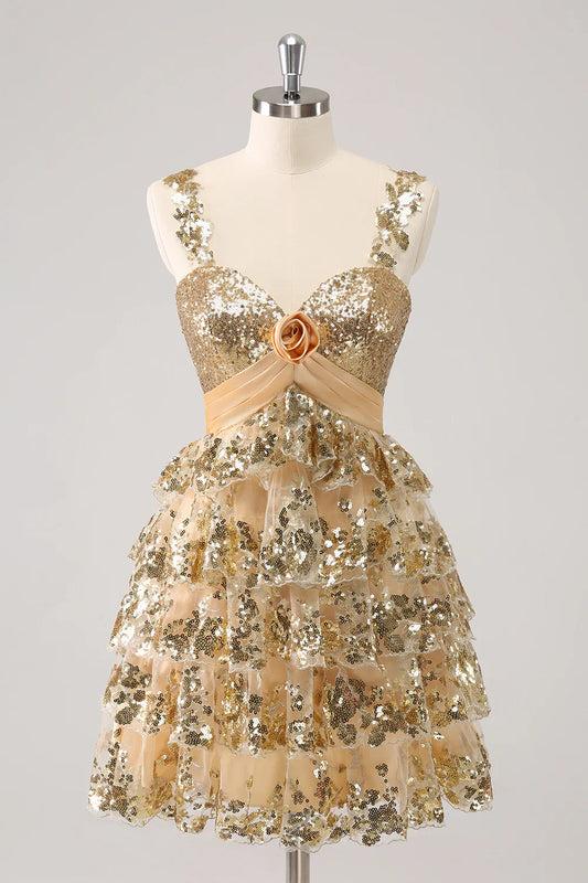 omberprom A Line Short Homecoming Dress Sparkly Golden Corset Tiered with Flower