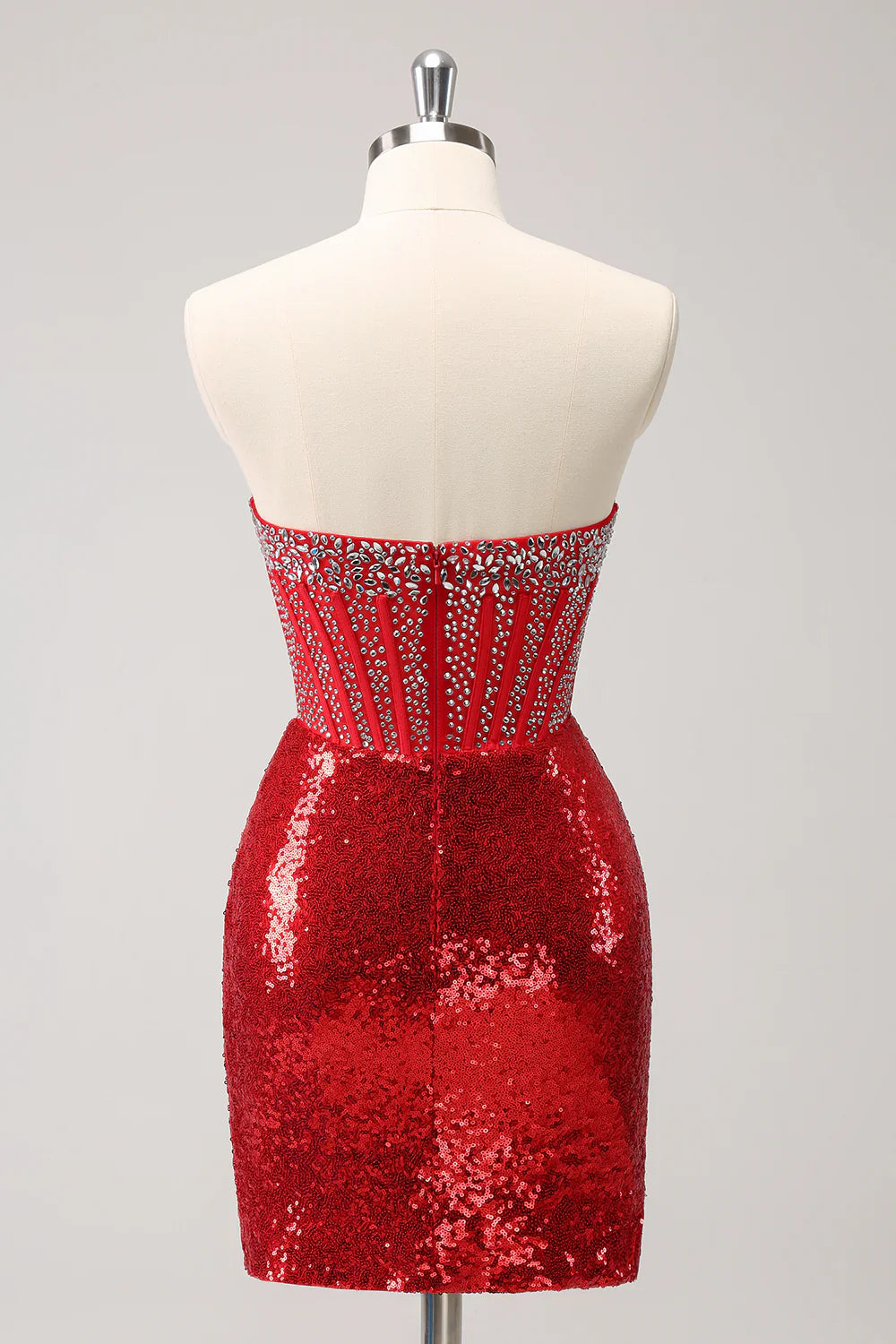 omberprom Short Homecoming Dress Glitter Red Tight Strapless Sequin Corset Slit with Beading