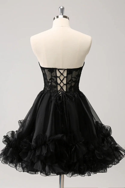 omberprom A Line Homecoming Dress Sweetheart Corset Beaded with Lace Up Back Sparkly Black