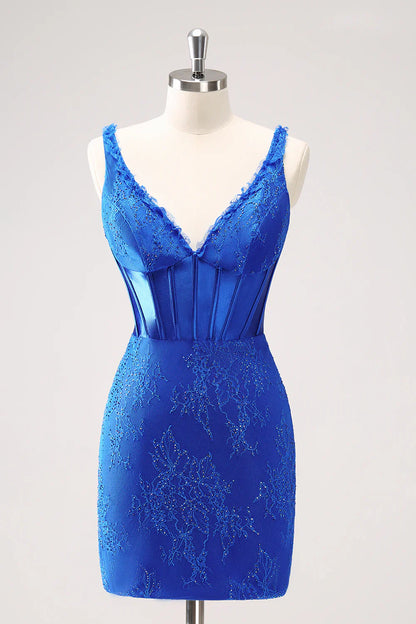 omberprom Homecoming Dress Sparkly Bodycon V Neck Beaded Corset Ruched with Lace Up Back Royal Blue