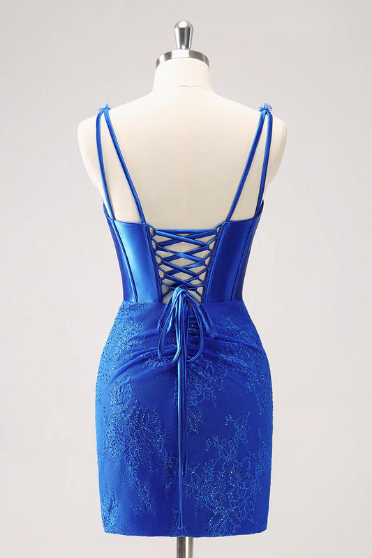 omberprom Homecoming Dress Sparkly Bodycon V Neck Beaded Corset Ruched with Lace Up Back Royal Blue