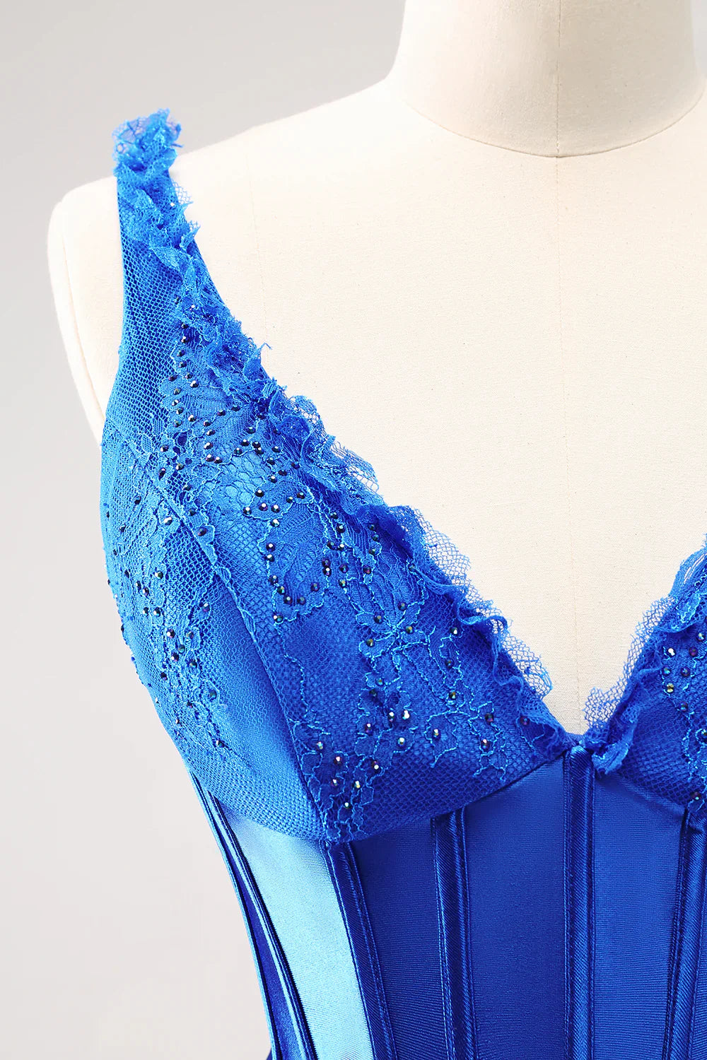 omberprom Homecoming Dress Sparkly Bodycon V Neck Beaded Corset Ruched with Lace Up Back Royal Blue