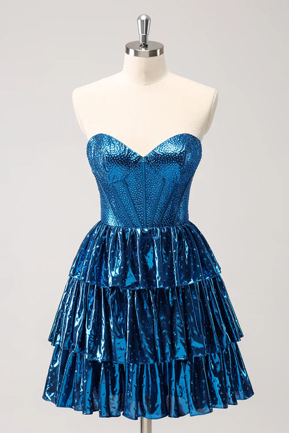 omberprom A Line Sweetheart Homecoming Dress Sparkly Peacock Blue Corset Tiered Metallic with Lace Up Back