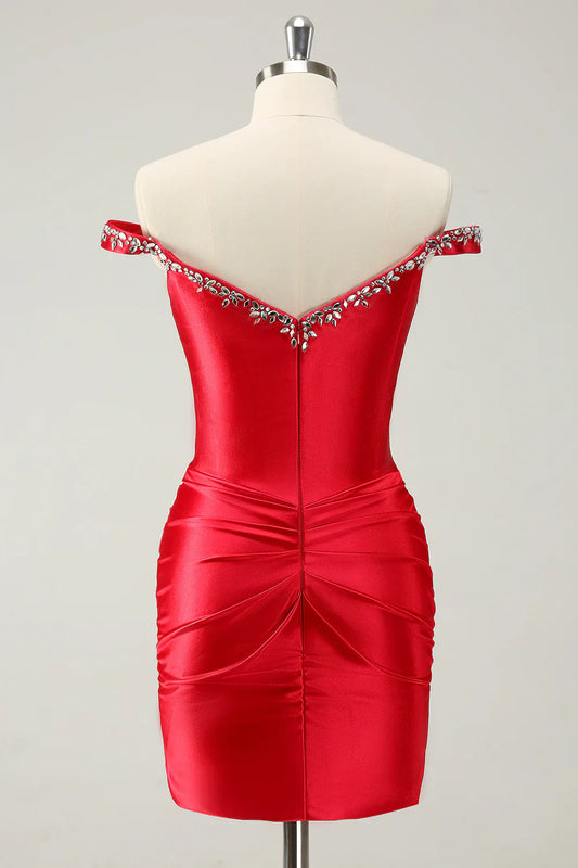 omberprom Charming Homecoming Dress Sheath Off The Shoulder Pleated Graduation Dress with Rhinestones
