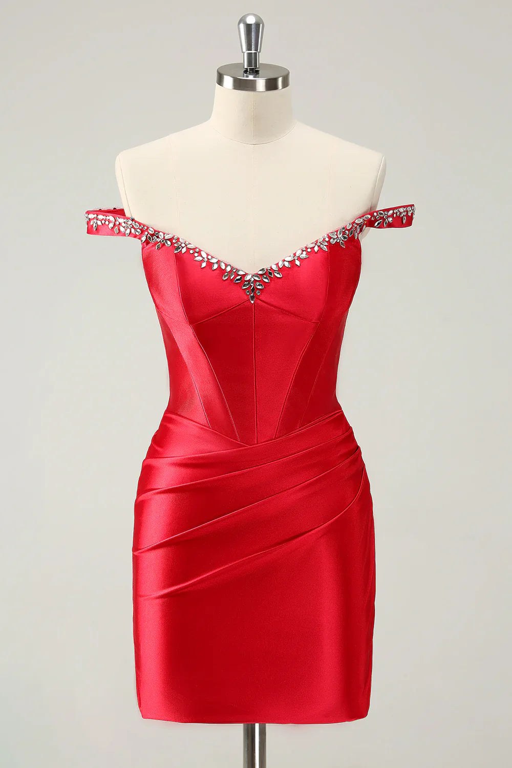 omberprom Charming Homecoming Dress Sheath Off The Shoulder Pleated Graduation Dress with Rhinestones