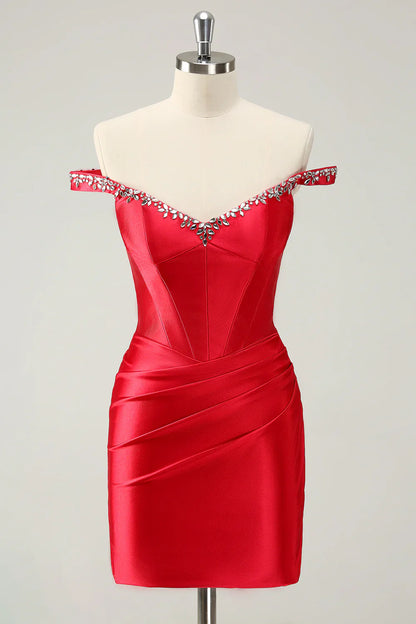 omberprom Charming Homecoming Dress Sheath Off The Shoulder Pleated Graduation Dress with Rhinestones