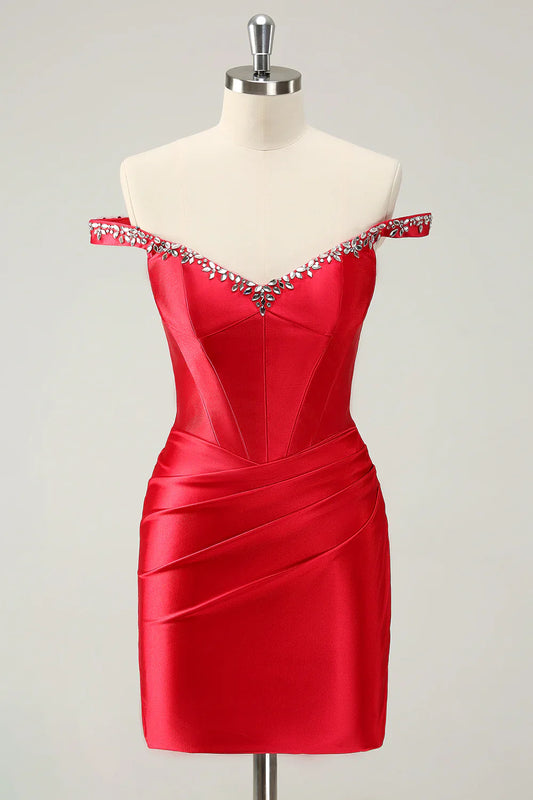 omberprom Charming Homecoming Dress Sheath Off The Shoulder Pleated Graduation Dress with Rhinestones