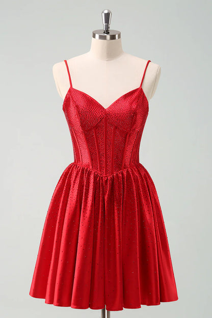 omberprom Short Homecoming Dress Cute Red A Line Spaghetti Straps Ruffle Corset with Beading