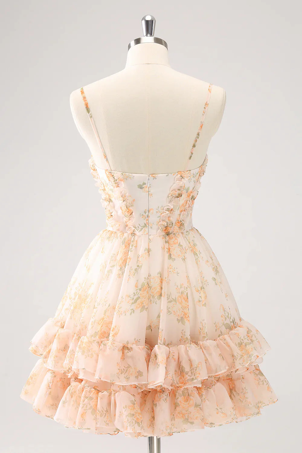 omberprom A Line Homecoming Dress Cute Yellow Cut Out Tiered Print Floral with Ruffles