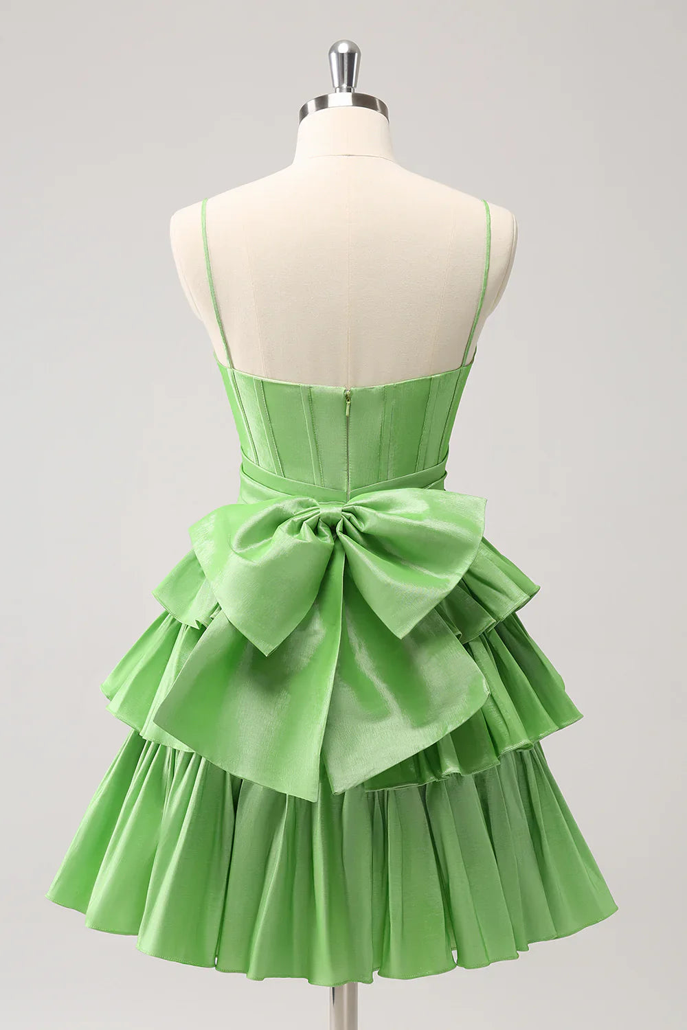 omberprom A Line Homecoming Dress Spaghetti Straps Corset Tiered Ruffle with Bow Cute Green