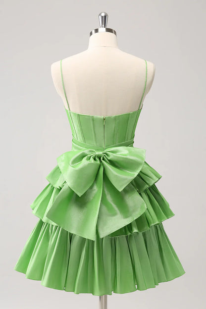 omberprom A Line Homecoming Dress Spaghetti Straps Corset Tiered Ruffle with Bow Cute Green