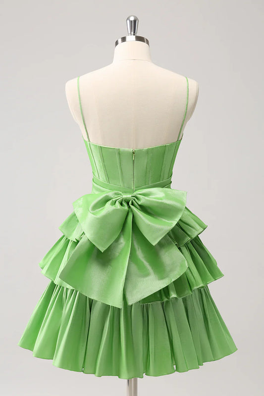 omberprom A Line Homecoming Dress Spaghetti Straps Corset Tiered Ruffle with Bow Cute Green