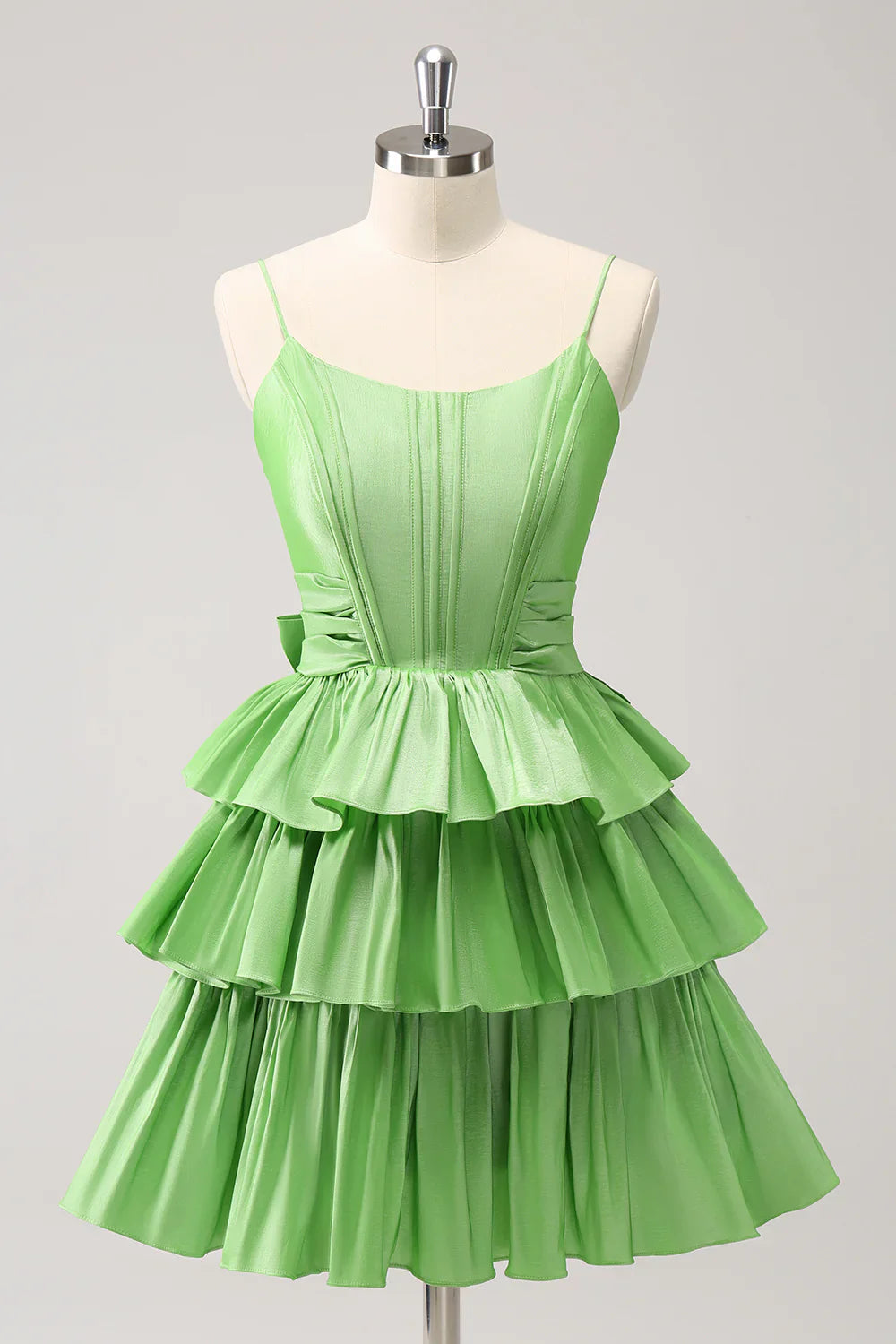 omberprom A Line Homecoming Dress Spaghetti Straps Corset Tiered Ruffle with Bow Cute Green