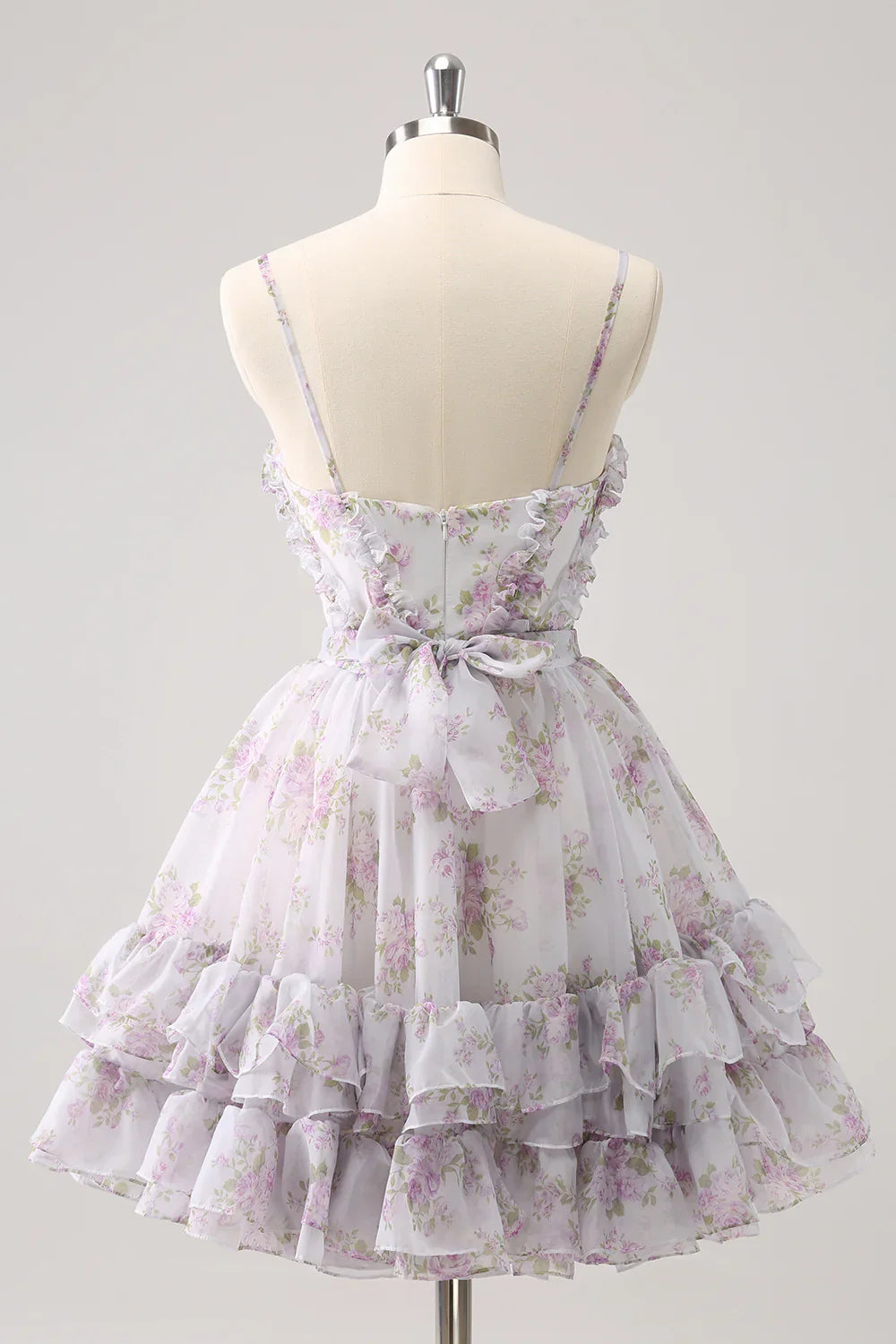 omberprom A Line Homecoming Dress Cute Lilac Cut Out Tiered Print Floral with Ruffles