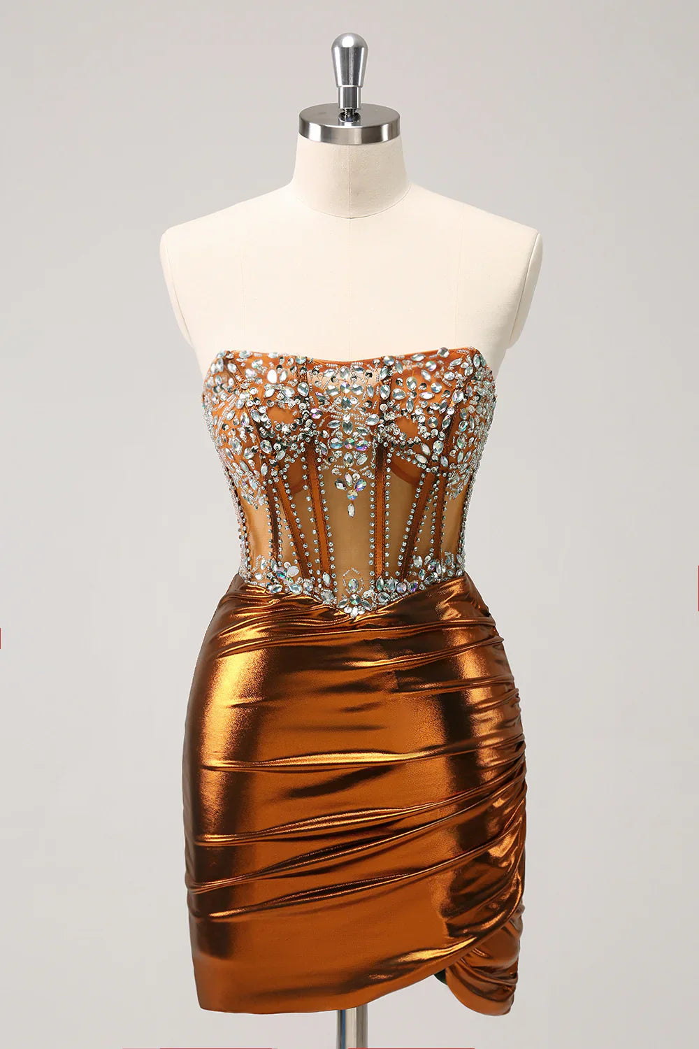 omberprom Glitter Copper Tight Strapless Corset Short Metallic Homecoming Dress with Beading