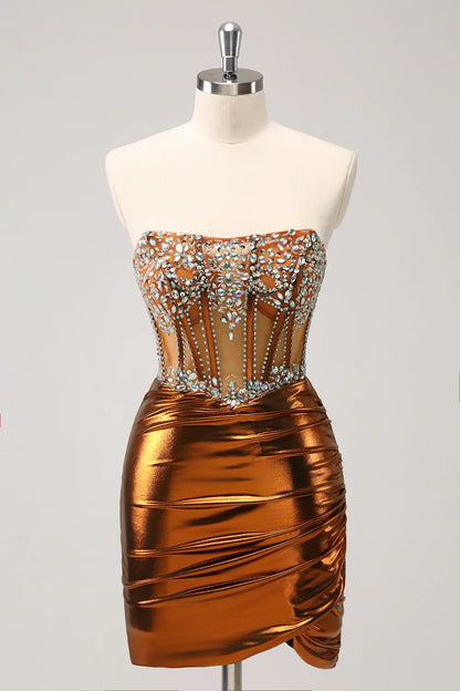 omberprom Glitter Copper Tight Strapless Corset Short Metallic Homecoming Dress with Beading