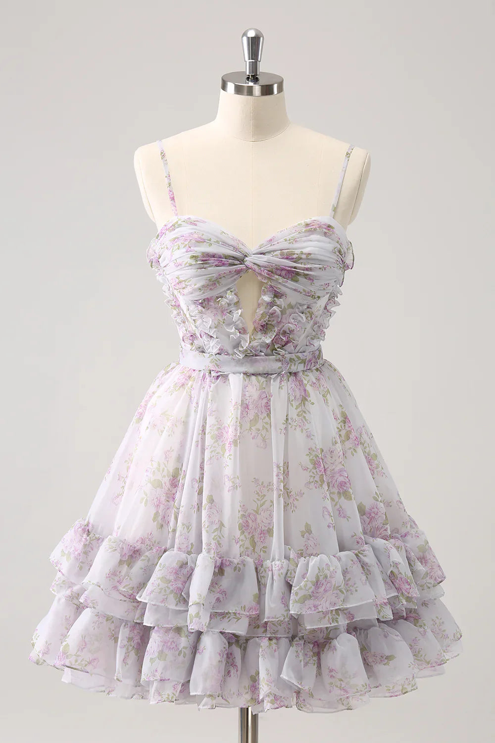 omberprom A Line Homecoming Dress Cute Lilac Cut Out Tiered Print Floral with Ruffles