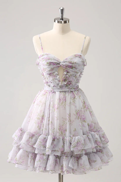 omberprom A Line Homecoming Dress Cute Lilac Cut Out Tiered Print Floral with Ruffles