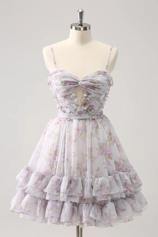 omberprom A Line Homecoming Dress Cute Lilac Cut Out Tiered Print Floral with Ruffles