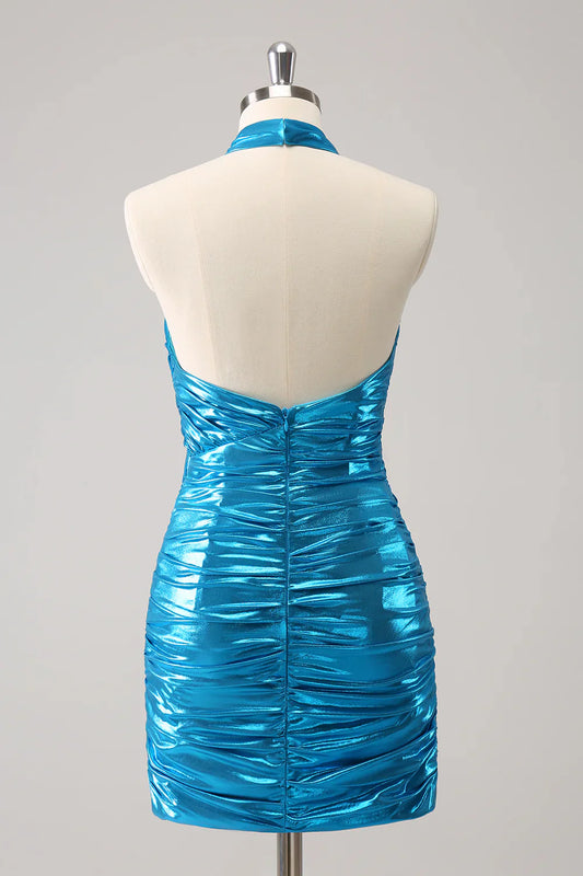 omberprom Fashion Homecoming Dress Stylish Bodycon Halter Pleated Short Graduation Dress