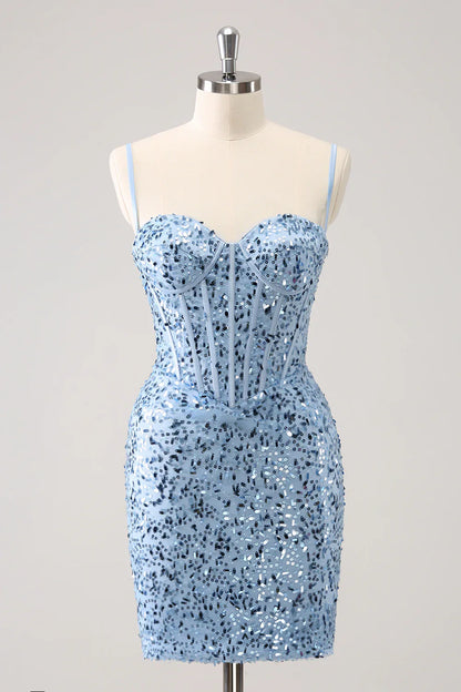 omberprom Short Homecoming Dress Stylish Bodycon Spaghetti Straps Corset with Sequins Blue