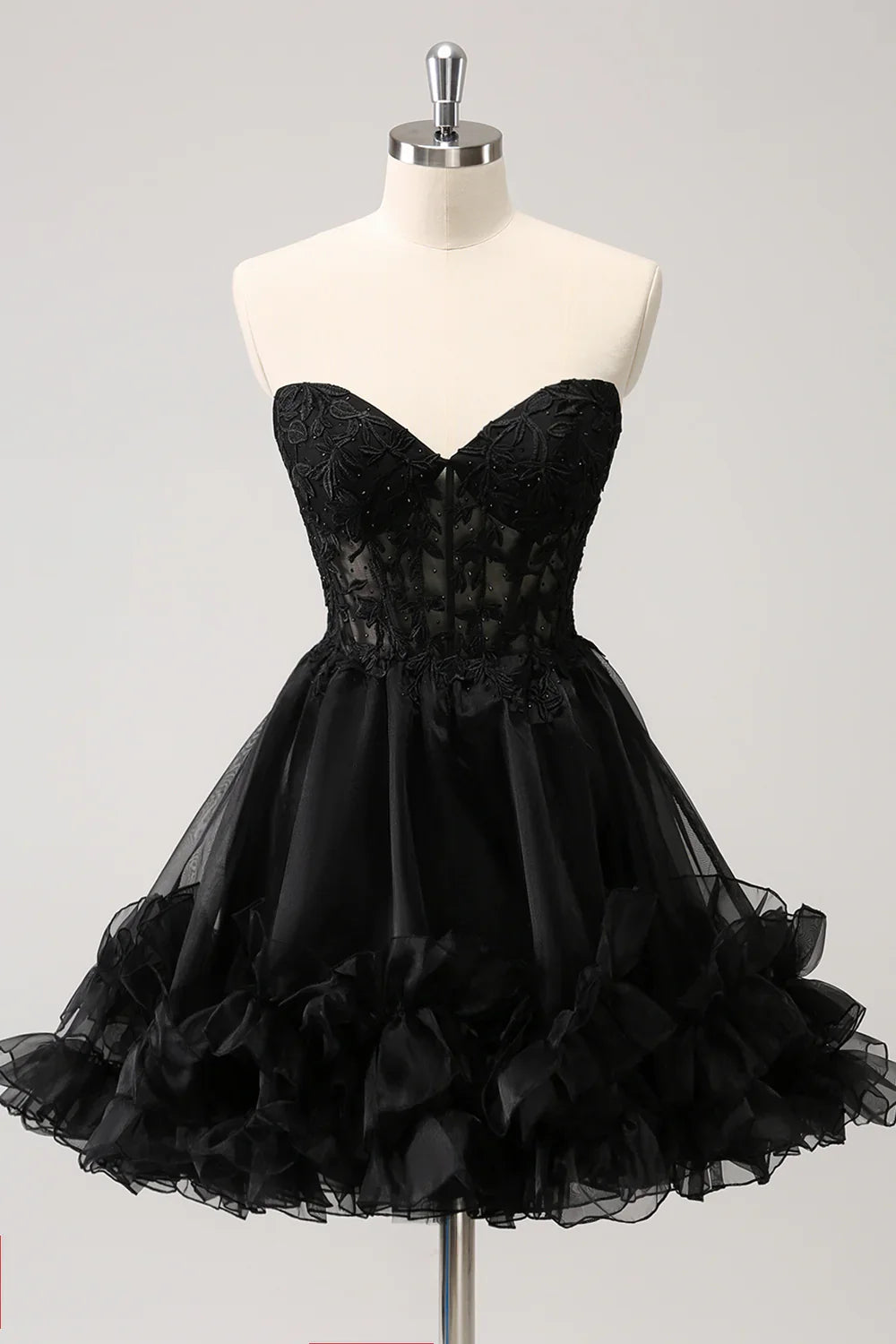 omberprom A Line Homecoming Dress Sweetheart Corset Beaded with Lace Up Back Sparkly Black