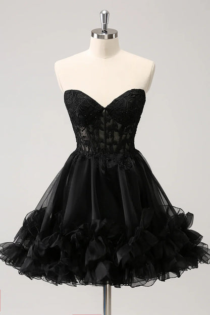 omberprom A Line Homecoming Dress Sweetheart Corset Beaded with Lace Up Back Sparkly Black