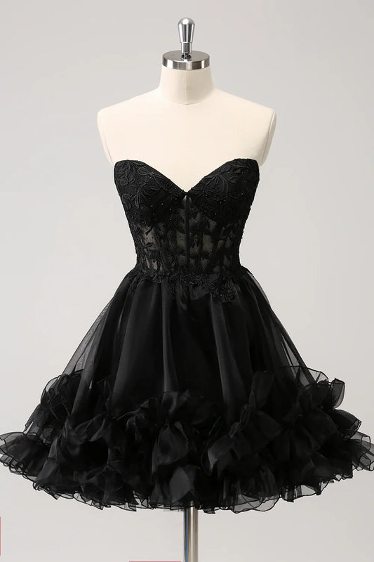 omberprom A Line Homecoming Dress Sweetheart Corset Beaded with Lace Up Back Sparkly Black