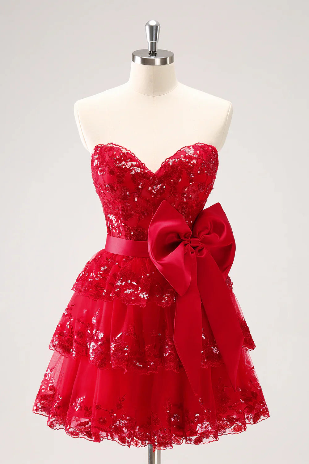 omberprom A Line Sweetheart Homecoming Dress Sparkly Red Corset Tiered Ruffle with Bows