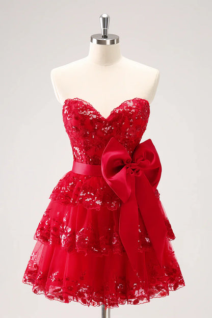 omberprom A Line Sweetheart Homecoming Dress Sparkly Red Corset Tiered Ruffle with Bows