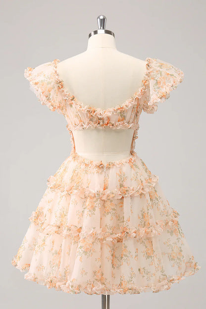 omberprom A Line Homecoming Dress Cute Yellow Square Neck Corset Backless