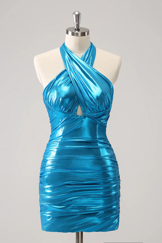 omberprom Fashion Homecoming Dress Stylish Bodycon Halter Pleated Short Graduation Dress