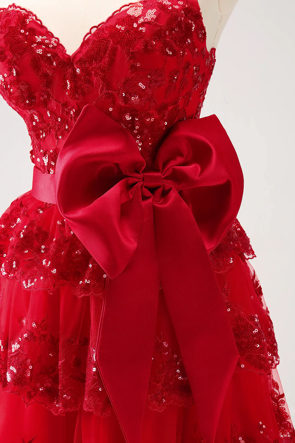 omberprom A Line Sweetheart Homecoming Dress Sparkly Red Corset Tiered Ruffle with Bows