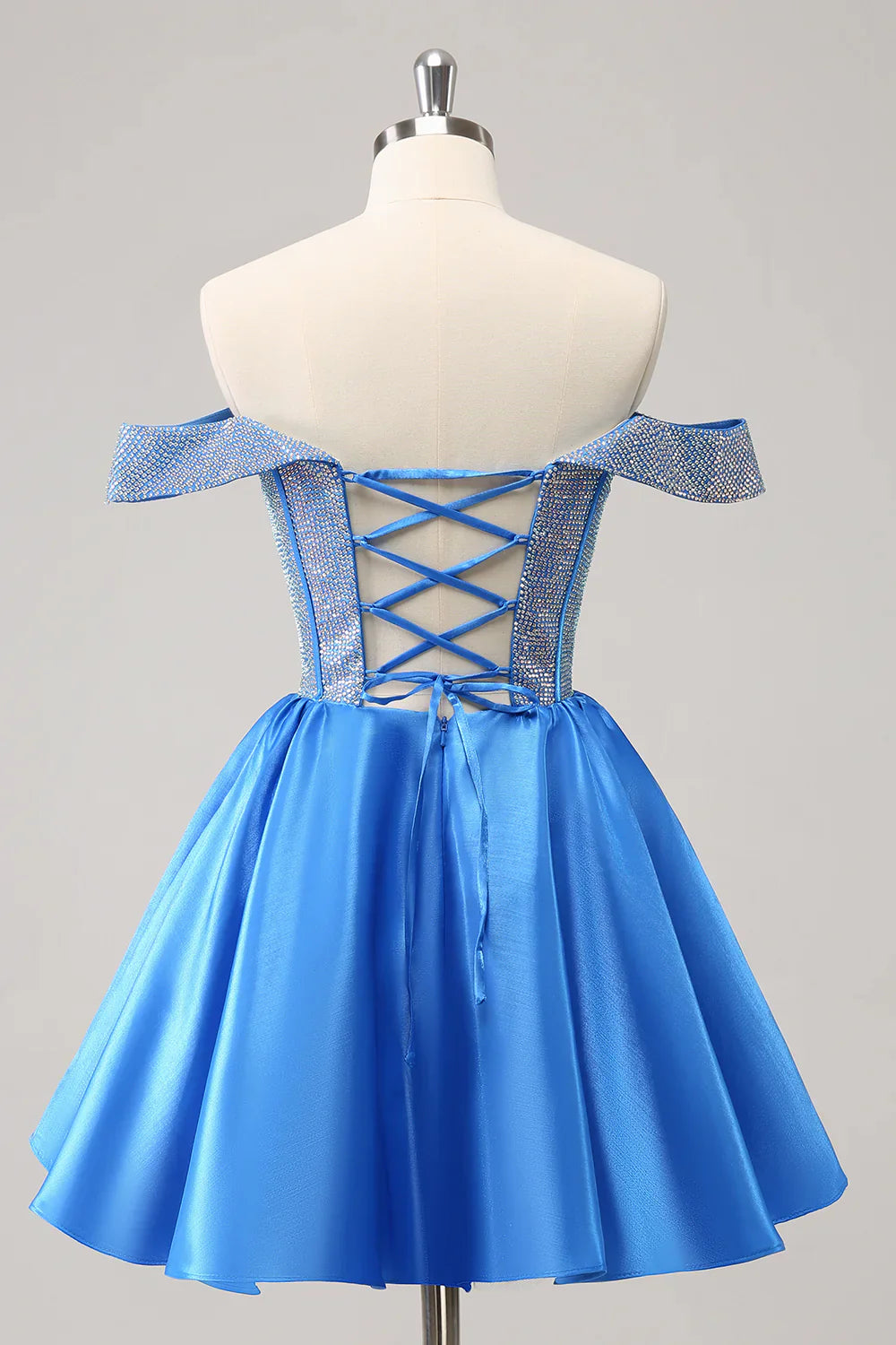 omberprom Homecoming Dress Cute Blue A Line Off The Shoulder Corset with Beading Graduation Dress