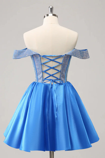 omberprom Homecoming Dress Cute Blue A Line Off The Shoulder Corset with Beading Graduation Dress