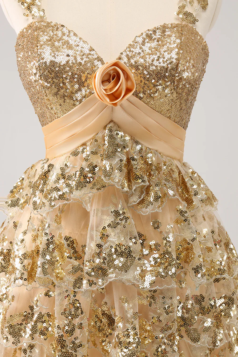 omberprom A Line Short Homecoming Dress Sparkly Golden Corset Tiered with Flower