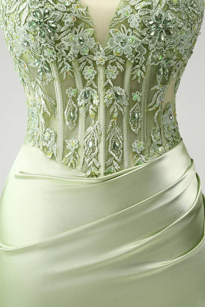 omberprom Stylish Green Homecoming Dress Sheath Criss Cross Back Corset Short with Appliques